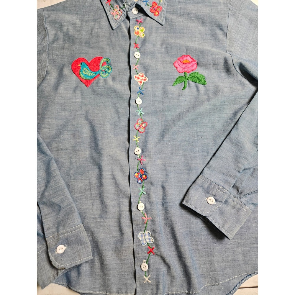 Vintage Big Mac JCPenney Hand Embroidered Chambray Shirt Blue Floral Bird S/M - Picture 3 of 10